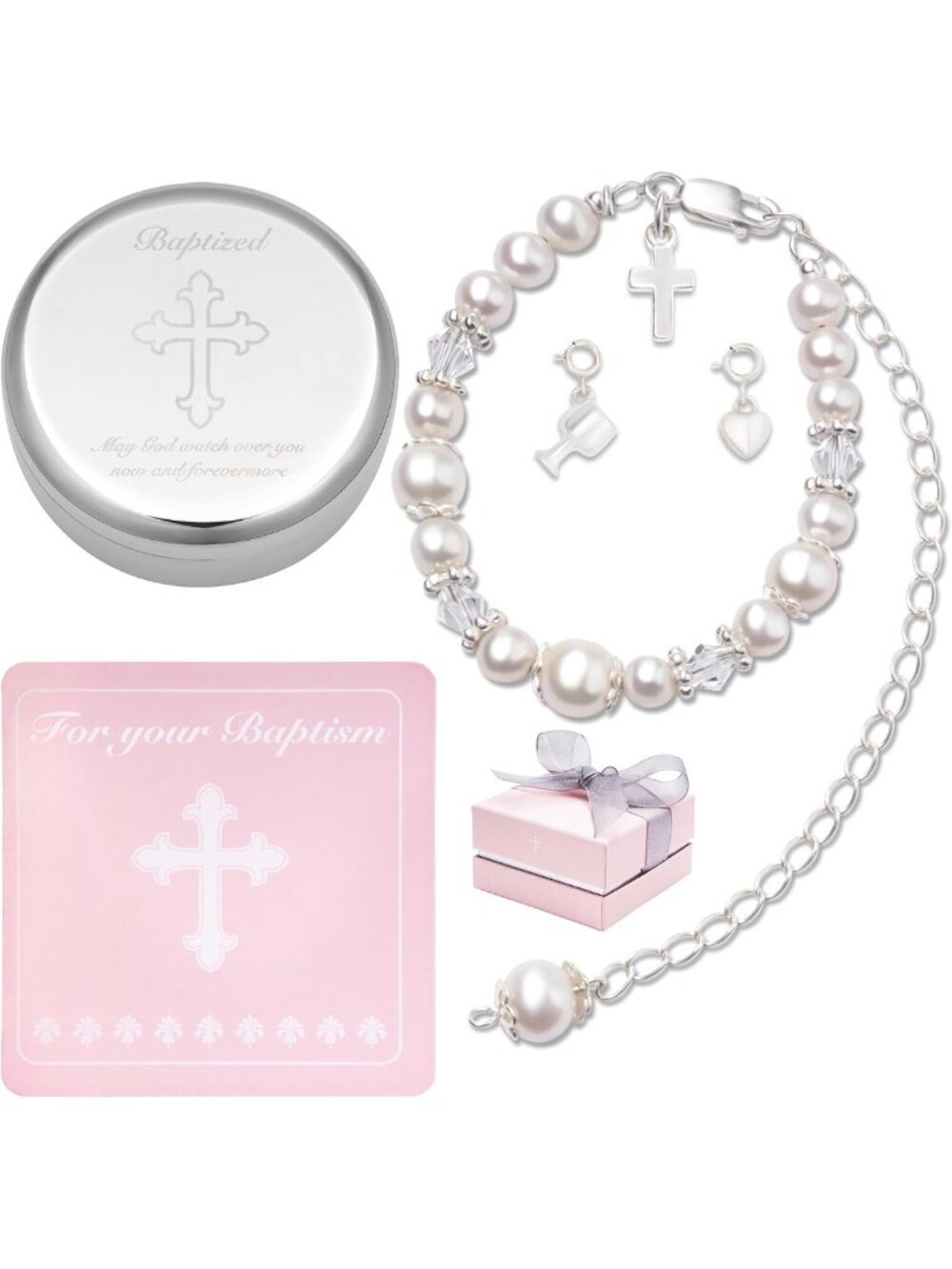 Sterling Silver Baptism Bracelet with Cultured Pearls & 3 Charms, Gift Boxed